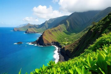 Wall Mural - Lush green Hawaiian landscape, volcanic rock formations, vibrant tropical flora, tranquil ocean view, stunning island scenery, paradise found , vegetation, island scenery, destination