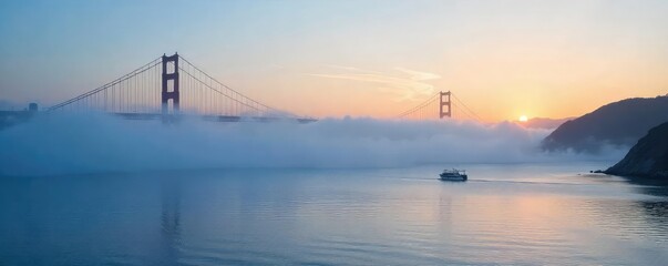 Wall Mural - misty morning on san francisco bay, fog rolling in over calm water, boats at rest, golden gate bridg