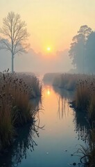Canvas Print - Serene marsh landscape at dawn, mist clinging to reeds and grasses, reflecting the soft light Tranquil water, abundant wildlife habitat , insects, marsh
