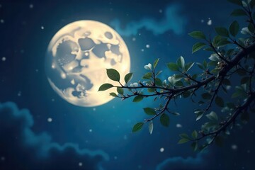 Wall Mural - Serene moonlight bathes a delicate tree branch, leaves gently swaying in the night breeze A mystical and ethereal scene perfect for fantasy, nature, or magical themes , shadow play, dreamy, romantic