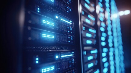 Poster - Closeup view of glowing blue server lights in a futuristic data center, showcasing advanced network hardware. Perfect for cybersecurity, IT services, and cloud technology visuals and digital themes
