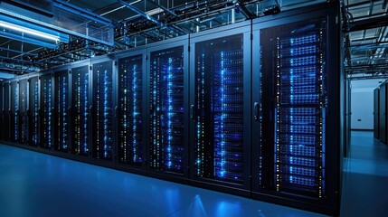 Poster - Spacious modern data center with rows of illuminated server racks and overhead cabling system, ideal for illustrating IT infrastructure, cloud storage, and enterprise network solutions