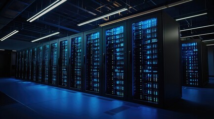 Poster - Dark ambient data center interior with glowing blue server racks and visible ceiling infrastructure. Suitable for cybersecurity, IT network systems, cloud storage, and futuristic technology content