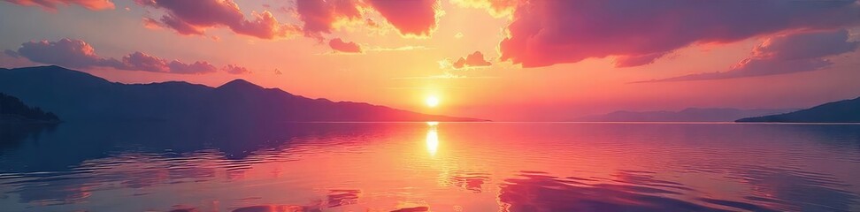 Wall Mural - Serene sunrise paints the sky with vibrant oranges and pinks, reflecting on calm water Perfect for relaxation, meditation, or peaceful morning themes , lake, sky