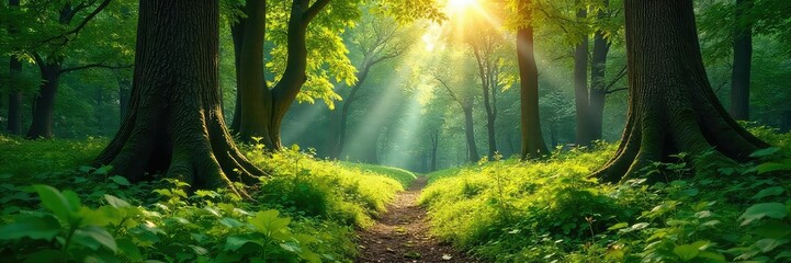 Canvas Print - sun-dappled forest floor, lush green undergrowth, ancient trees reaching for the sky a tranquil scen