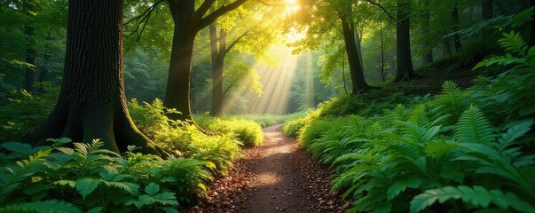 Wall Mural - Sun-dappled forest path winding through ancient trees, lush ferns, and dappled sunlight filtering through the canopy A tranquil scene of untouched nature , greenery, wilderness