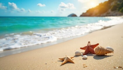 Wall Mural - Sun-drenched beach scene, tranquil waves gently lapping the shore, seashells scattered on the sand, perfect summer day, blissful seaside escape , beach, scenery