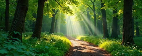 Canvas Print - sunlight dapples through the leaves of a lush forest, illuminating a tranquil path winding through a