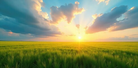 Wall Mural - Vast, flat expanse of grassland stretching to the horizon under a dramatic sky Perfect for illustrating concepts of openness, freedom, and the natural world , flora, land, plains