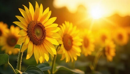 Wall Mural - Vibrant sunflowers basking in the warm glow of summer sunlight, their faces turned towards the golden rays A breathtaking display of nature's beauty and the power of the sun , ray, golden