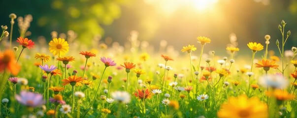 Wall Mural - Vibrant sunlit meadow bursting with wildflowers, creating a cheerful and idyllic scene perfect for backgrounds Ideal for projects needing a joyful, carefree atmosphere , pollen, peaceful