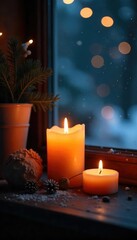 Wall Mural - Warm, flickering candlelight illuminates a cozy scene, casting a soft, inviting glow on surrounding objects Perfect for relaxation, ambiance, or winter themes , winter, fire, peaceful