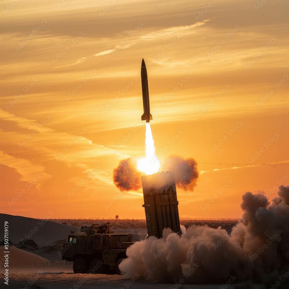 Missile Launch at Sunset Powerful Demonstration of Military Technology ...