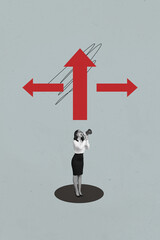 Poster - Vertical 3d zine photo collage of happy businessman businesswoman stand arrow development career promotion success stats