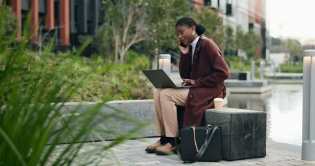 Poster - Black woman, laptop and outdoor in city with phone call and remote work for journalist job. Urban, online interview and article of freelancer planning a news report for social media with conversation
