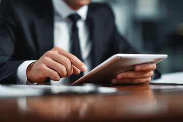 Poster - Businessman in suit using tablet at desk in office environment for professional work and communication