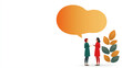 © kampolsuk - Two women are engaged in conversation, standing beside cluster of autumn leaves with large orange speech bubble above them, symbolizing communication and connection