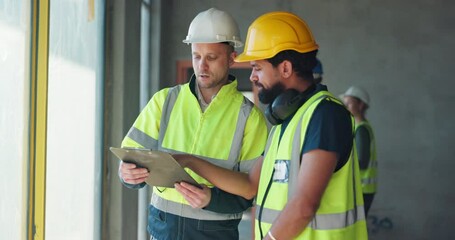 Poster - Men, architect and talking with clipboard for construction, site inspection and architecture design. People, document or blueprint checklist, review maintenance and safety compliance and project info