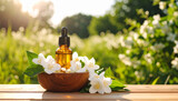 Wooden bowl with jasmine flowers and small glass bottle filled with jasmine oil.