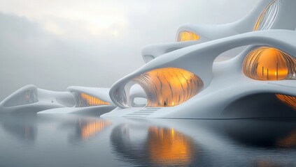 Poster - A futuristic architectural design featuring organic shapes, a white and orange color scheme, multiple curved walls with glowing windows on the water's edge, calm waters, foggy backdrop