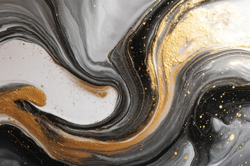 Poster - Abstract art featuring swirling black gray and white colors with golden accents and glittery specks