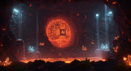 Poster - Artificial intelligence concept with a digital brain inside a mysterious cavern landscape
