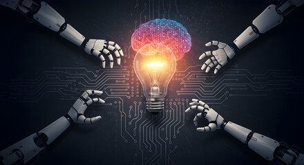 Poster - Artificial intelligence collaborating on innovative ideas, envisioning the future of technology