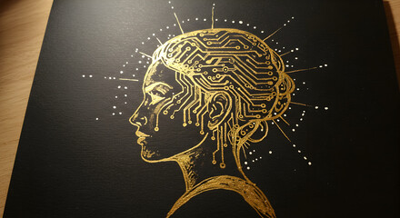 Poster - Artistic depiction of a woman's face, circuit board patterns, black and gold artwork