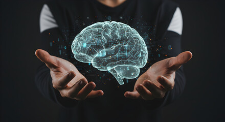 Poster - Human holding a digital brain, showcasing technology and cognitive function