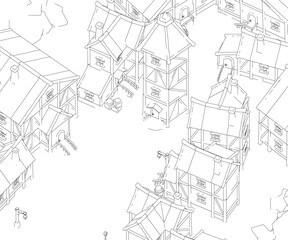 Poster - A drawing of a village. The houses are small and clustered together, with some of them having roofs. Scene is peaceful and quiet