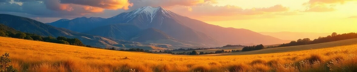 Wall Mural - A breathtaking vista of expansive, sun-drenched fields rolling gently into a majestic mountain range under a vibrant sky Perfect for travel, nature, or inspirational projects , field, vast, calm