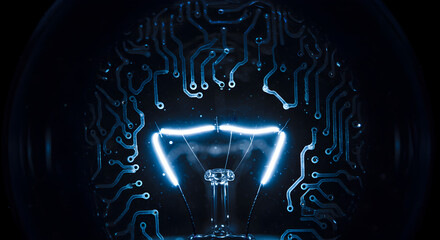 Poster - Innovative Concept: Electric Light Bulb Illuminated by a Circuit Board's Blueprint