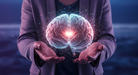 Poster - Conceptual Representation of Human Brain Illuminated in Hands, Mind Power Concept