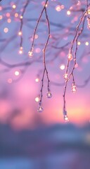 Poster - Beautiful background with blurred lights and a pink sky, tree branches with blurred bokeh lights, pastel colors of light purple, pink, and sky blue, a sunset sky, minimalism, close-up, wallpaper, mobi