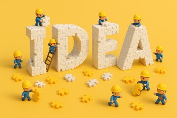 Poster - Small workers collaborate to build the concept idea using puzzle pieces symbolizing teamwork strategy and business growth in a creative environment