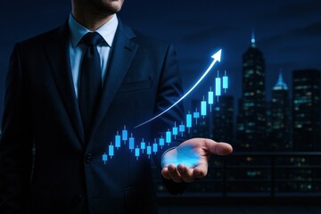 Poster - A businessman demonstrates strategy and decision-making through innovative business growth holding a digital rising candlestick graph against a finance district skyline at night