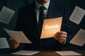 Poster - A businessman reviews documents with a glowing paper highlighting decision demonstrating strategy and leadership in the process business growth