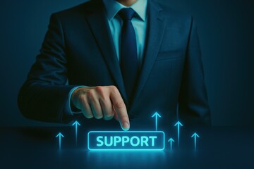 Poster - A businessman in a suit demonstrates strategic leadership by pressing a glowing support button symbolizing growth decision making and business efficiency