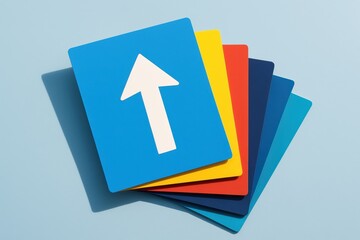Poster - A strategic arrangement colorful layered cards symbolizes business growth and decision-making processes focused on efficient leadership and clear direction