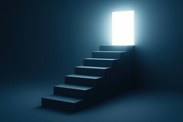 Poster - A modular staircase with sharp edges ascends toward a glowing doorway symbolizing business growth strategy and decision-making breakthroughs