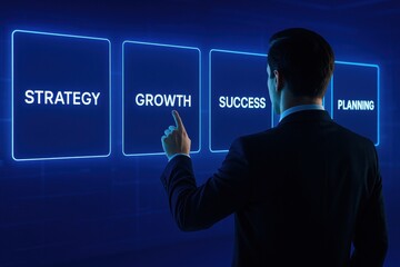 Poster - A businessman engages with a glowing digital interface illustrating the importance strategy growth success planning and decision in driving business innovation and achievement