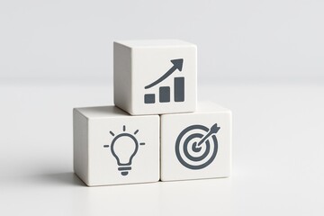 Poster - Three white blocks arranged in a pyramid symbolize strategy innovation and decision-making as essential elements business growth and leadership
