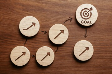 Poster - Wooden discs engraved with upward arrows and a target icon illustrate a strategic business chart guiding decision-making towards goal achievement and growth