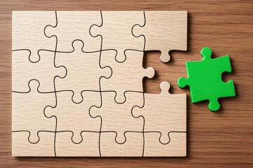 Poster - A strategic decision is represented by a single green puzzle piece completing a wooden puzzle symbolizing leadership and innovation in business growth