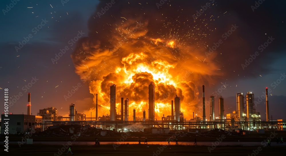 Massive Industrial Fire Explosion Nighttime Inferno at Refinery Plant ...