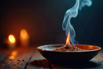 Wall Mural - A close-up shot of incense burning, releasing a fragrant, prayer-like aroma; smoke curls upwards towards a subtly lit background, creating a serene and spiritual atmosphere , calm, mystical