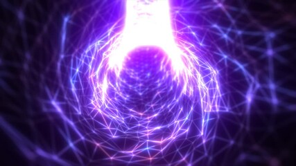 Poster - Purple glowing network tunnel with geometric lines and dynamic electric flow, abstract sci-fi background