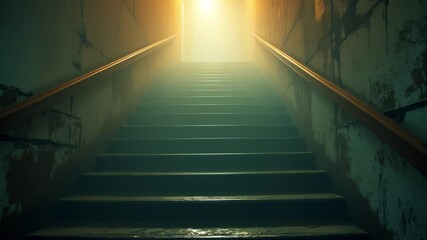 Poster - Mysterious Staircase in Fog with Warm Light Atmospheric Scene for Suspense Mystery and Fantasy
