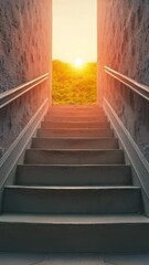 Poster - Mysterious Staircase in Fog with Warm Light Atmospheric Scene for Suspense Mystery and Fantasy