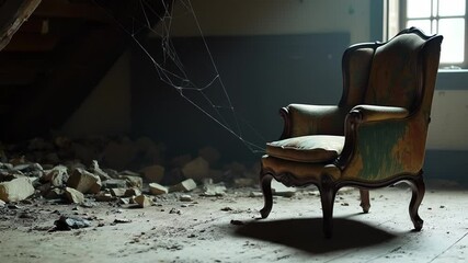 Poster - Vintage Armchair in Dusty Attic with Spiderwebs and Soft Light Atmospheric Interior